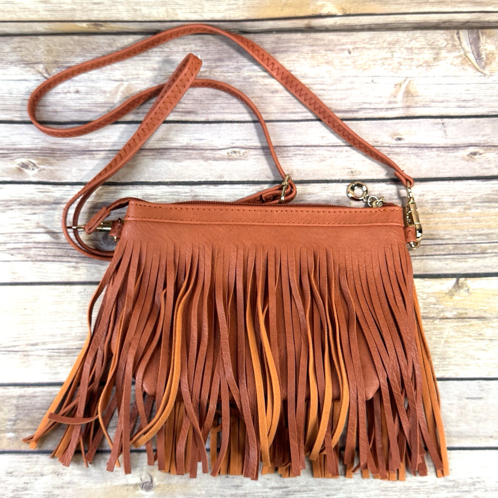 Womens Orange Faux Leather Bohemian Fringed Crossbody Purse Bag